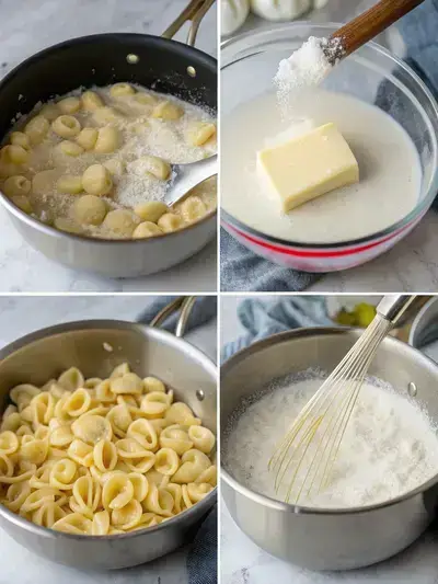 A step-by-step visual guide to making shells and cheese, showcasing boiling pasta, a cheese sauce preparation, and the final dish.