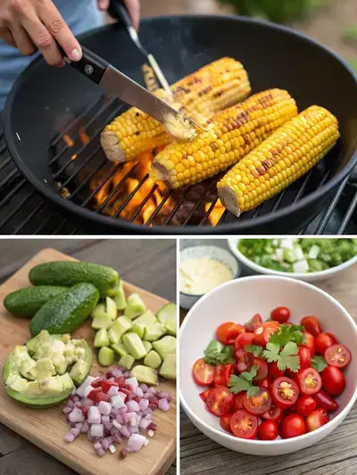 A step-by-step visual guide to making summer corn salad, featuring grilling corn, cutting kernels, mixing fresh vegetables, and preparing dressing.