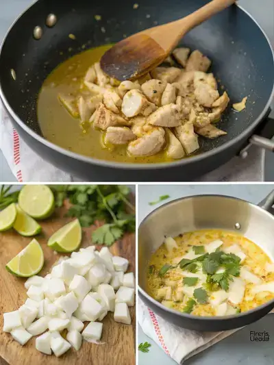 A step-by-step visual guide to making Thai yellow curry, showcasing the cooking process from heating oil to serving the finished dish.