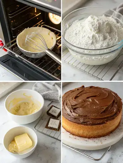 Step-by-step process of making vanilla cake with chocolate frosting, including preheating the oven, preparing dry ingredients, creaming butter and sugar, and a finished frosted cake.