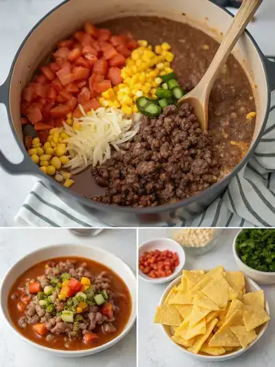 Step-by-step preparation of Taco Soup, including browning beef, sautéing vegetables, adding seasonings, and serving the finished dish.
