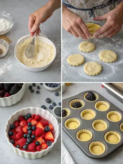 Illustration showing stages of Tartlet creation with ingredients, dough mixing, pan pressing, and fruit-filled shells before baking