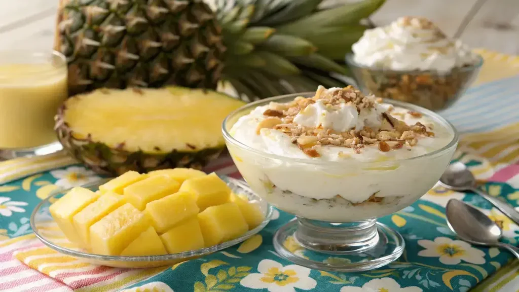 A delicious bowl of pineapple delight dessert with coconut and pecans, garnished with fresh pineapple slices.