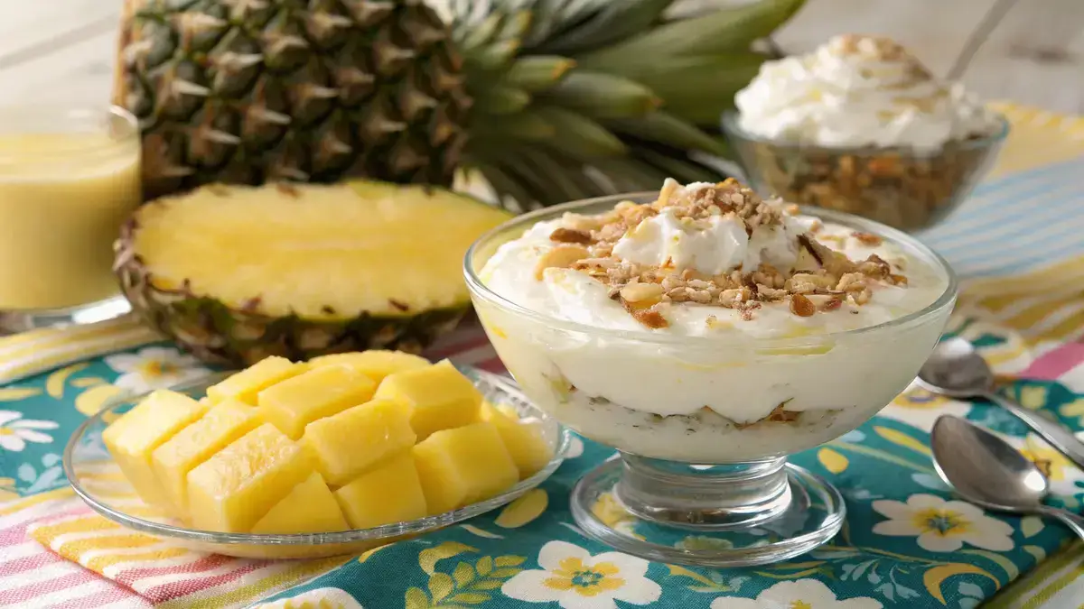 A delicious bowl of pineapple delight dessert with coconut and pecans, garnished with fresh pineapple slices.