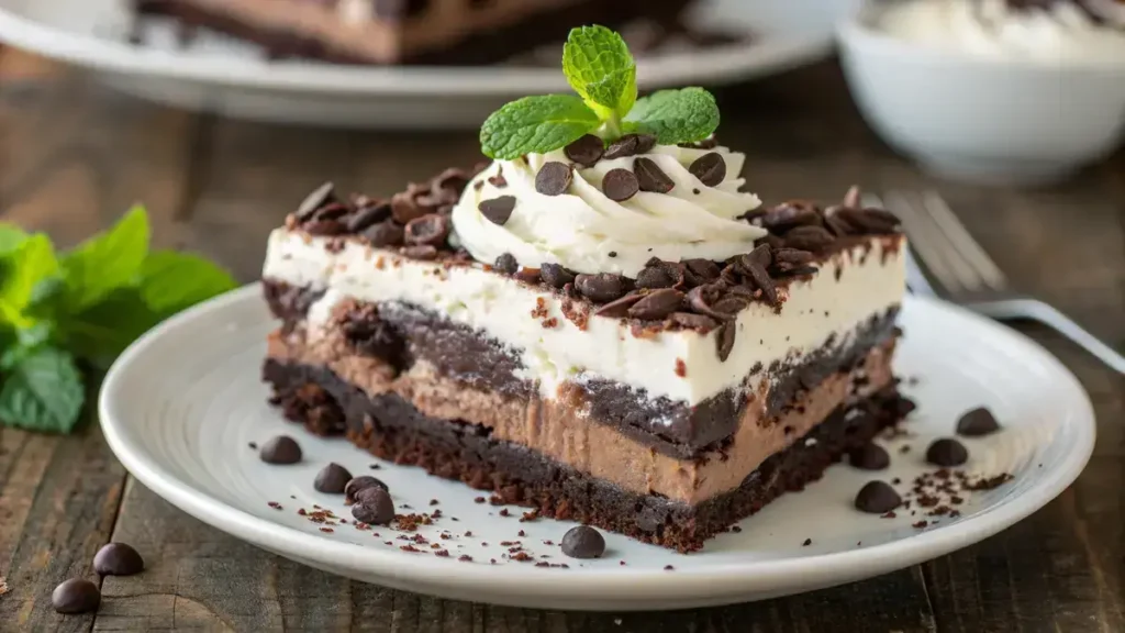 A slice of CHOCOLATE LASAGNA displaying its layered structure with Oreo crust and chocolate pudding.