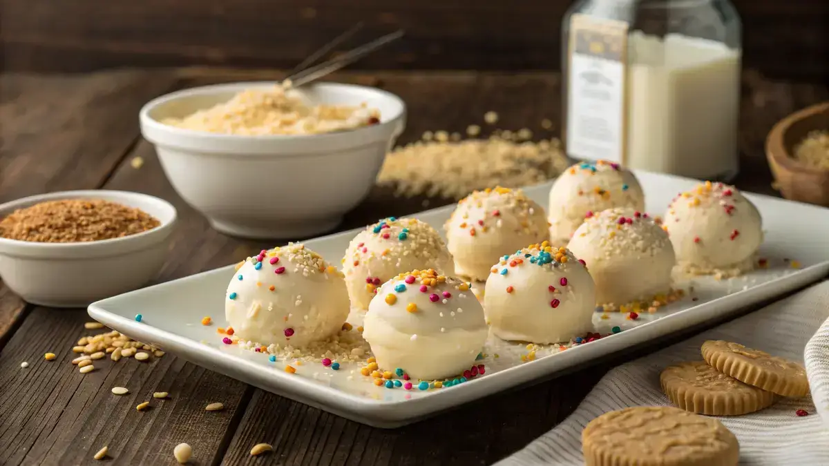 A plate of cheesecake balls coated in white chocolate with colorful toppings.