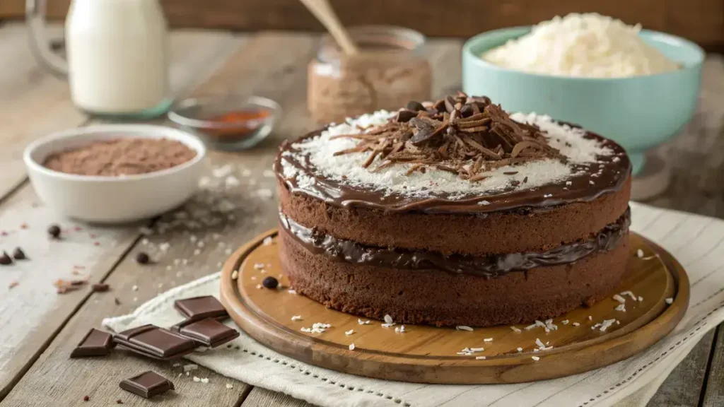 A two-layer chocolate coconut cake with chocolate frosting and shredded coconut on top, set on a wooden table.