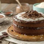 A two-layer chocolate coconut cake with chocolate frosting and shredded coconut on top, set on a wooden table.