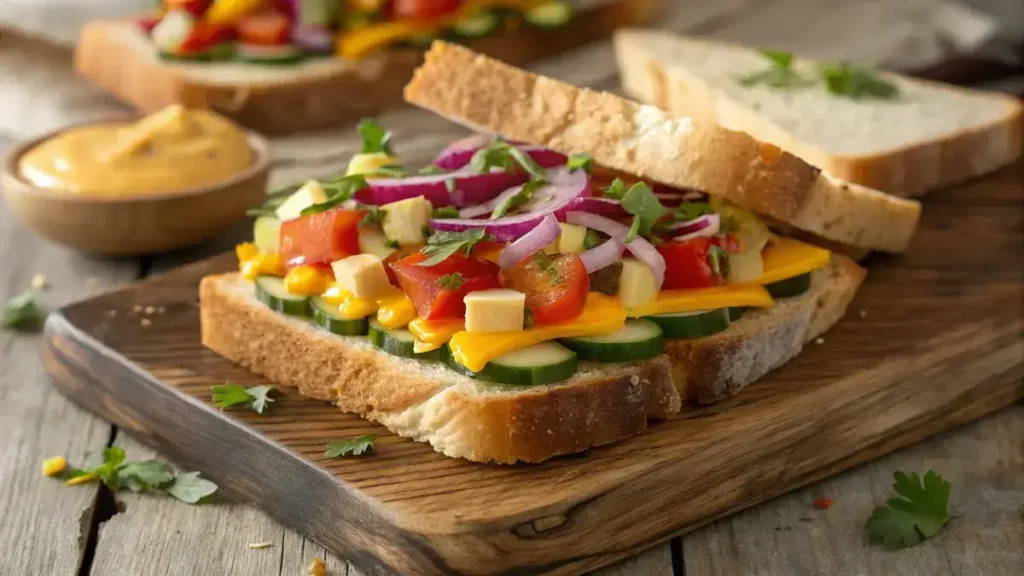 Chop sandwich with toasted bread and fresh vegetables on a wooden board.