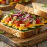 Chop sandwich with toasted bread and fresh vegetables on a wooden board.