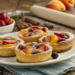 A plate of golden-brown fruit pastries filled with mixed fruits, garnished with sugar.