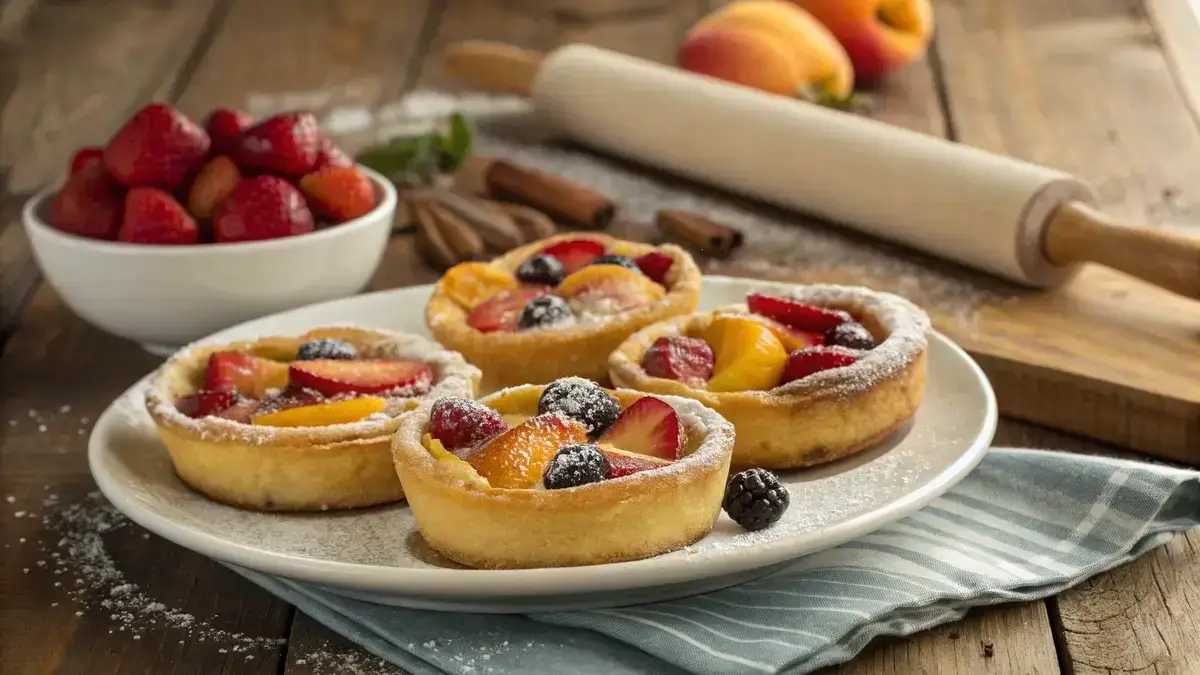 A plate of golden-brown fruit pastries filled with mixed fruits, garnished with sugar.