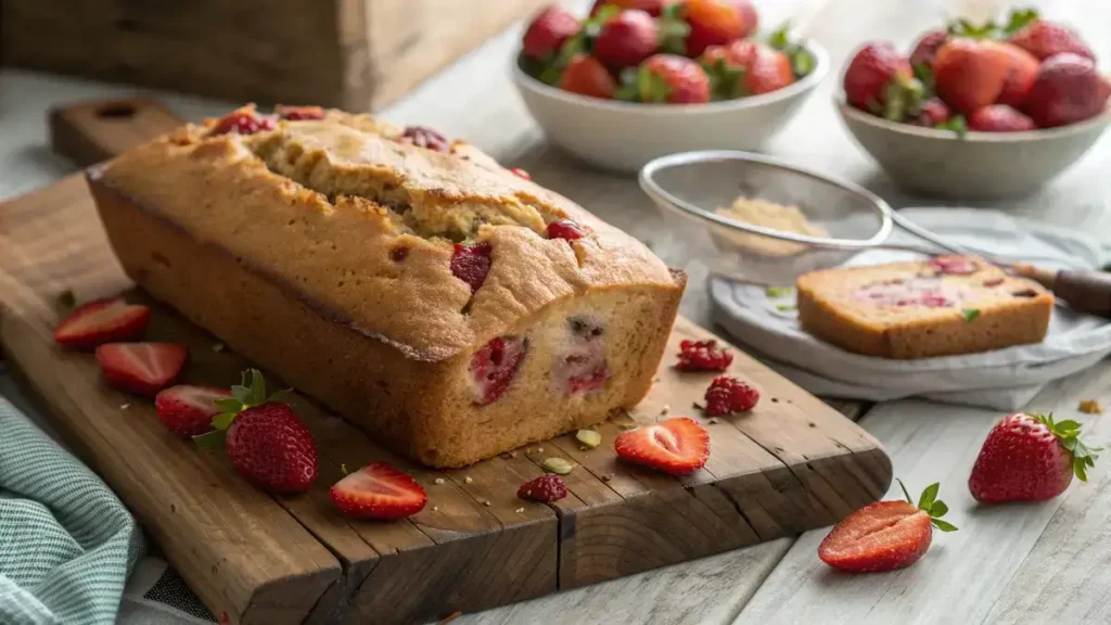 A loaf of Strawberry Bread with slices cut, showcasing strawberries inside, on a wooden board.