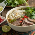 A bowl of Pho Ha Noi with beef, rice noodles, and fresh herbs on a wooden table.