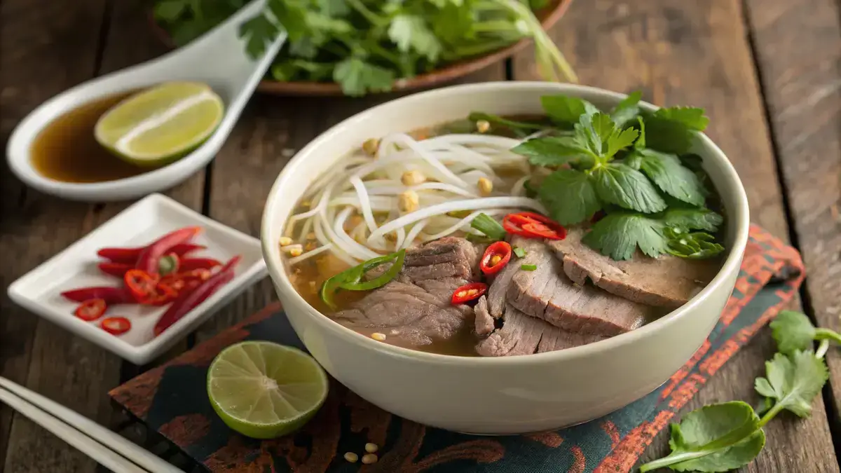 A bowl of Pho Ha Noi with beef, rice noodles, and fresh herbs on a wooden table.