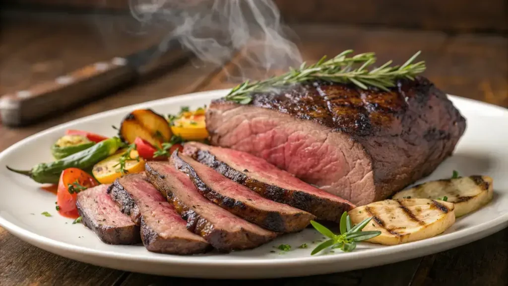 Smoked sirloin steak sliced and garnished with herbs on a wooden table.