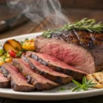 Smoked sirloin steak sliced and garnished with herbs on a wooden table.