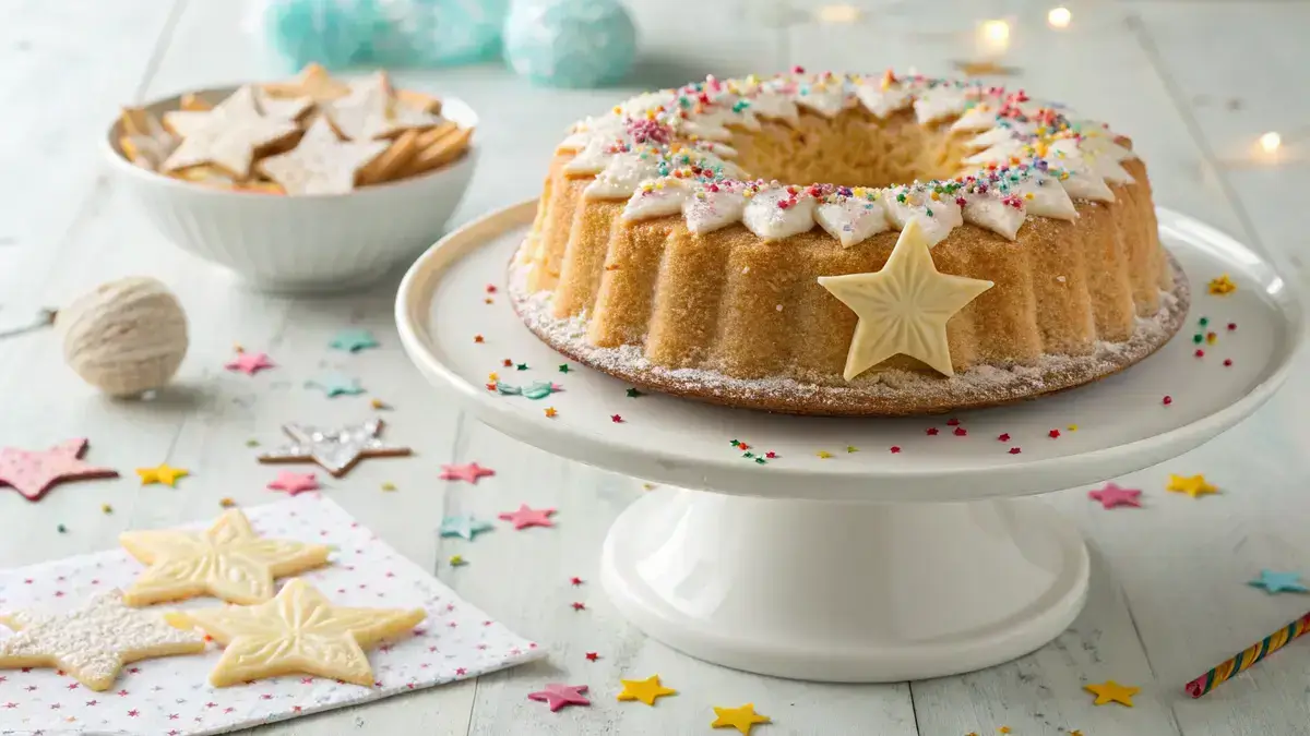 A star-shaped cake on a white stand, decorated with colorful sprinkles.