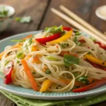 A plate of stir-fried rice stick noodles with vegetables and herbs on a wooden table.