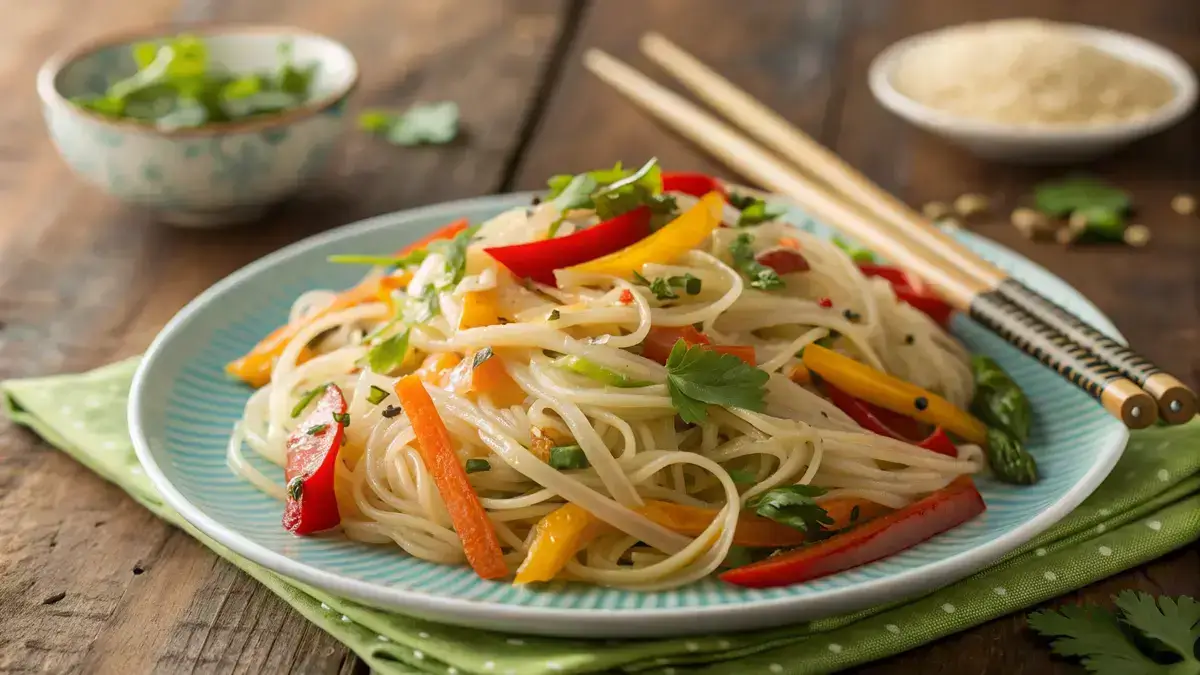 A plate of stir-fried rice stick noodles with vegetables and herbs on a wooden table.