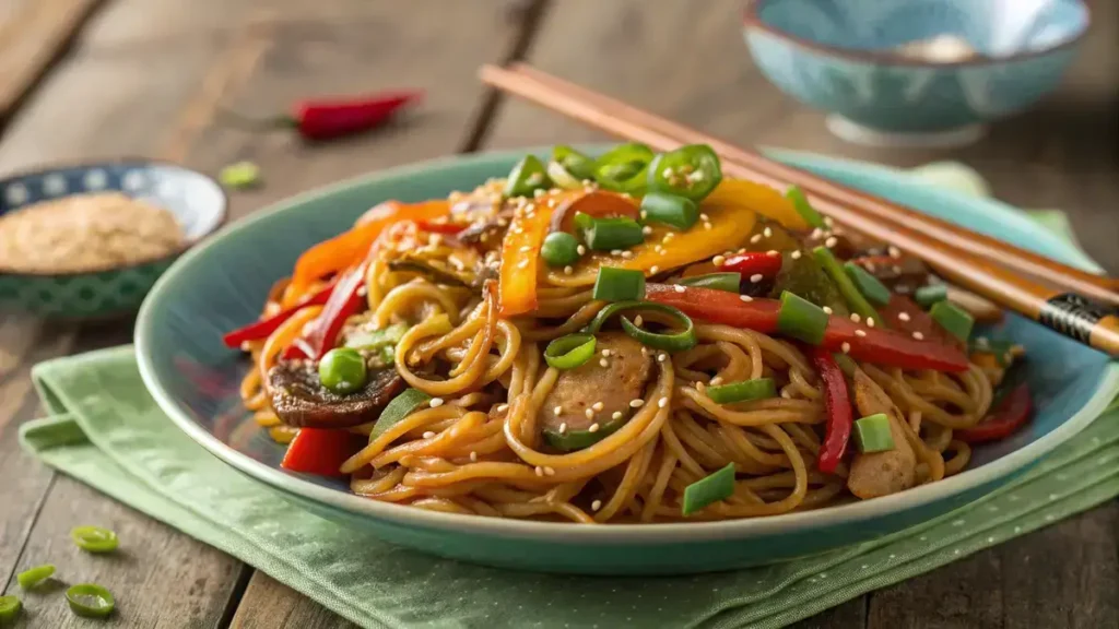 Delicious teriyaki noodles recipe served with vegetables and garnished with green onions and sesame seeds.
