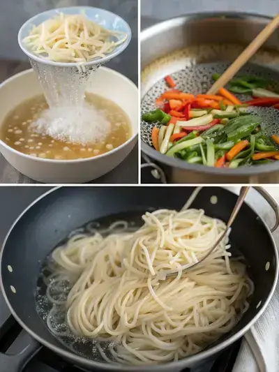 Step-by-step process of making rice stick noodles, including soaking, boiling, rinsing, and stir-frying.