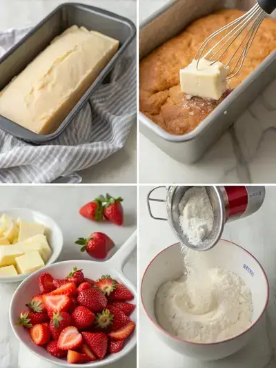 Multi-panel depiction of Strawberry Bread preparation: a greased loaf pan in a warm oven, butter and sugar creamed together, dry ingredients combined, and batter poured with strawberries nearby