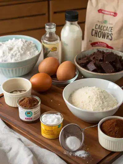 A variety of ingredients for chocolate coconut cake displayed on a kitchen table, including flour, sugar, cocoa powder, eggs, and coconut milk.