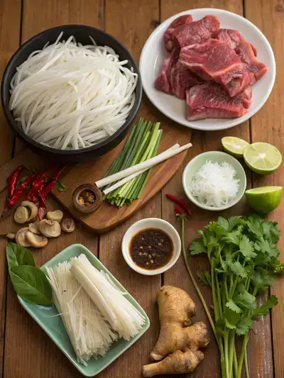 Ingredients for Pho Ha Noi arranged on a wooden kitchen table.