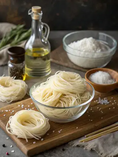Ingredients for rice stick noodles displayed on a kitchen table.