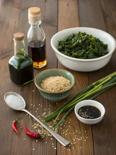 Ingredients for seaweed salad displayed on a kitchen table.