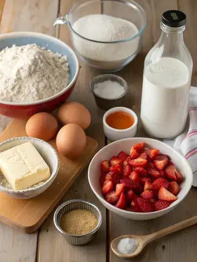Ingredients for Strawberry Bread displayed on a kitchen table, including flour, butter, sugar, eggs, and strawberries.