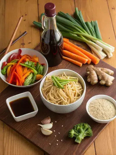 Ingredients for teriyaki noodles recipe displayed on a kitchen table, including noodles, vegetables, and sauces.