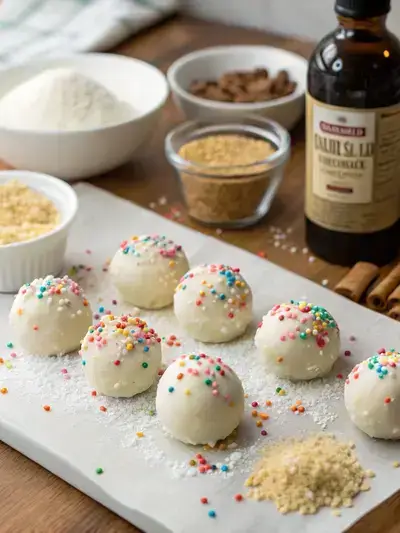 A display of cheesecake balls coated in white chocolate with colorful toppings on a kitchen table.