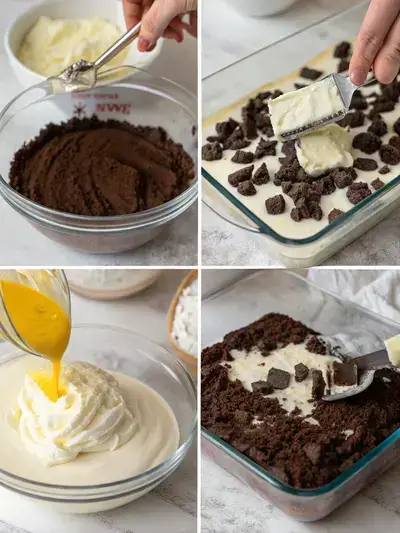 Step-by-step preparation of CHOCOLATE LASAGNA, showcasing the crust, cream cheese layer, whipped topping, and pudding layer.