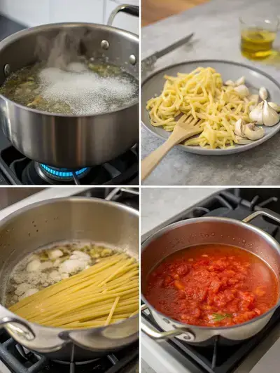Step-by-step preparation of marinara pasta, including boiling water, cooking pasta, heating olive oil, and sautéing garlic and onion.