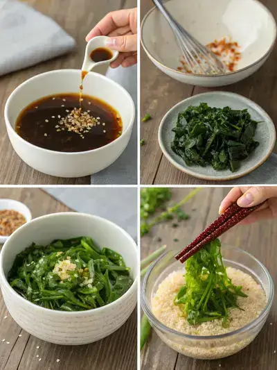 Four-part image showing the preparation steps for seaweed salad, including soaking seaweed, making dressing, combining ingredients, and serving the salad.
