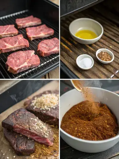 Four-step process of preparing smoked sirloin steak, including preheating the smoker, preparing the steaks, making the spice mixture, and oiling the steaks.