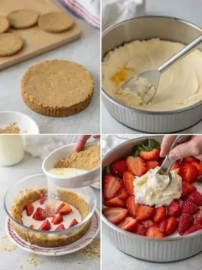 Step-by-step process of making strawberries cheesecake, including crushing biscuits, preparing the base, making cream cheese filling, and layering with strawberries.