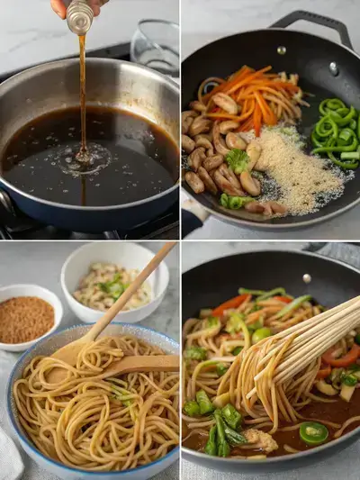 Step-by-step preparation of teriyaki noodles, showcasing cooking noodles, making teriyaki sauce, stir-frying vegetables, and combining everything in a skillet.