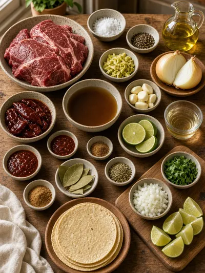 Fresh ingredients arranged for homemade barbacoa on a kitchen table