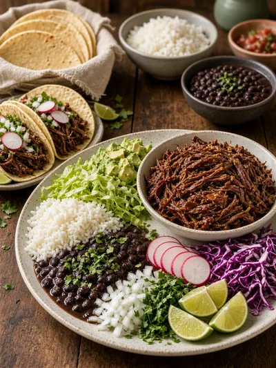 Serving platter of barbacoa with corn tortillas, rice, beans, avocado, lime, and colorful taco toppings