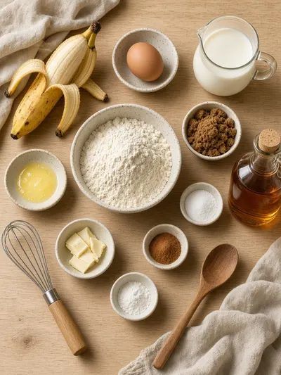 Ingredients arranged for homemade banana pancakes on a light wood kitchen table