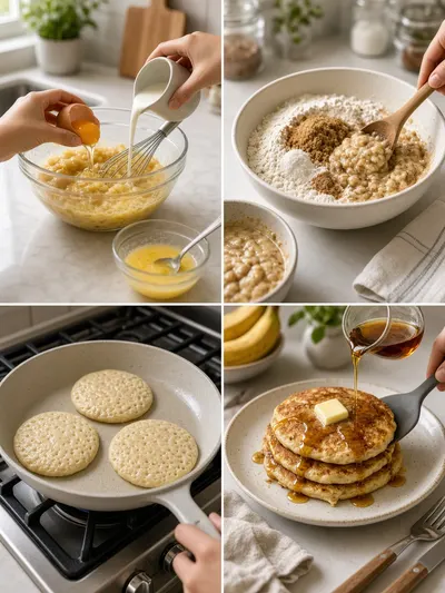 Four-panel preparation guide for homemade banana pancakes, from mixing the batter to cooking and serving.