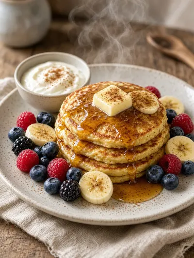 homemade banana pancakes served with maple syrup, fruit, yogurt, butter, and cinnamon in a welcoming breakfast setting