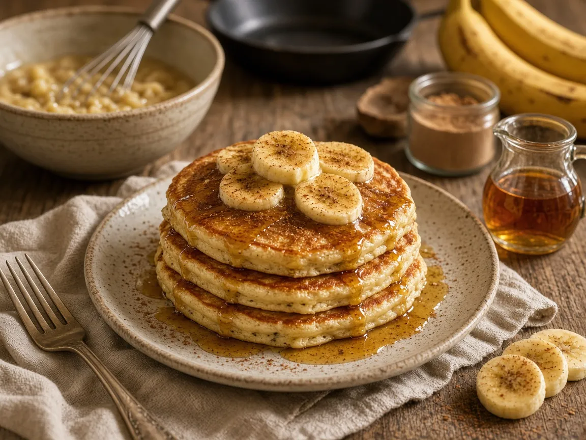 homemade banana pancakes stacked with banana slices, cinnamon, butter, and maple syrup on a cozy breakfast table