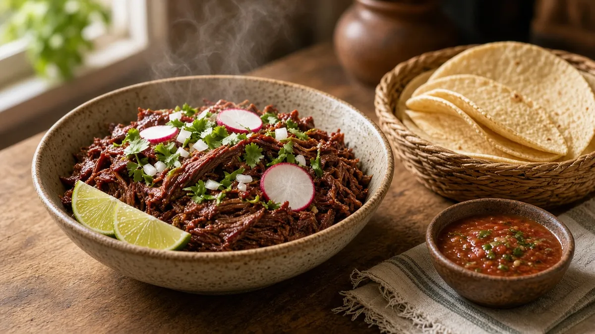 A bowl of tender beef barbacoa with tortillas, lime wedges, cilantro, onion, and radishes on a rustic table