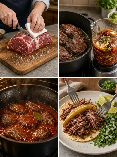 Four-panel preparation guide showing beef being seasoned, seared, sauced, braised, shredded, and served as barbacoa with tortillas and fresh garnishes.